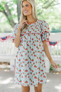 Seasonal Nostalgia Light Blue Strawberry Printed Babydoll Dress