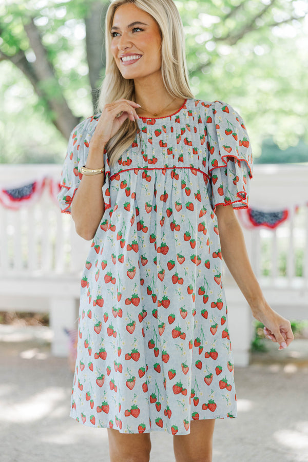 Seasonal Nostalgia Light Blue Strawberry Printed Babydoll Dress