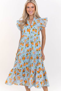 Bright Days Ahead Blue Oranges Print Midi Dress
