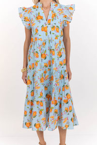 Bright Days Ahead Blue Oranges Print Midi Dress