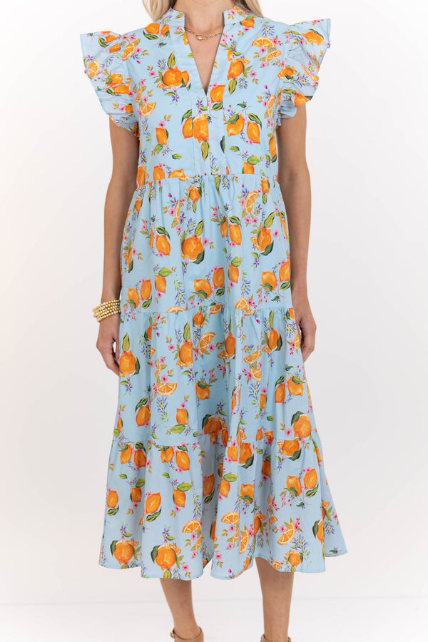 Bright Days Ahead Blue Oranges Print Midi Dress