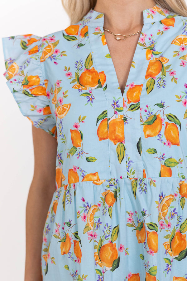 Bright Days Ahead Blue Oranges Print Midi Dress