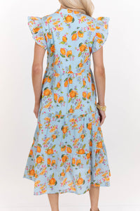 Bright Days Ahead Blue Oranges Print Midi Dress