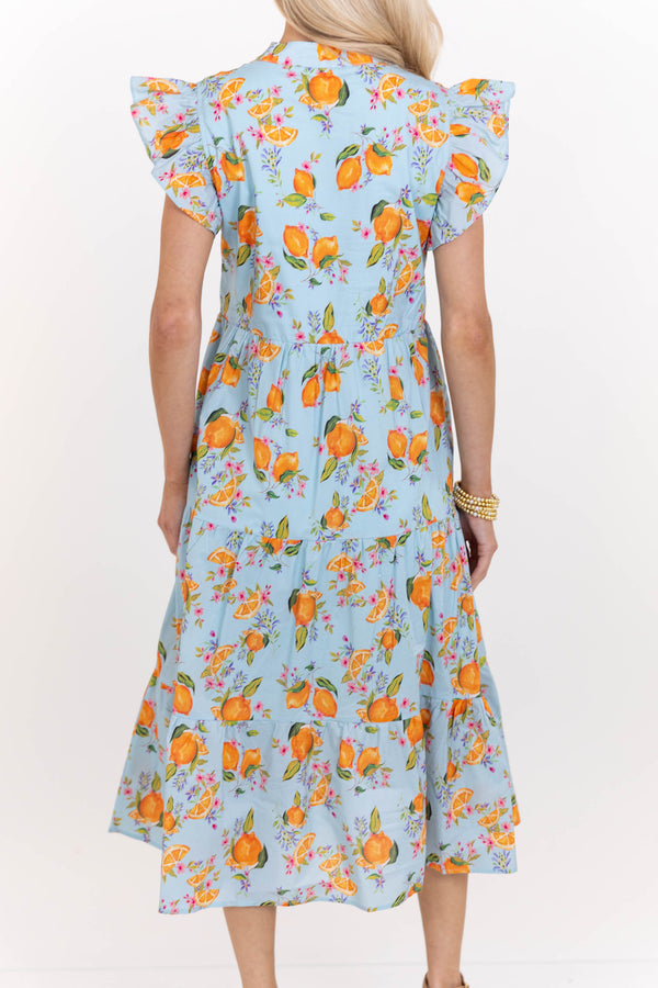 Bright Days Ahead Blue Oranges Print Midi Dress