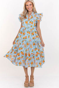 Bright Days Ahead Blue Oranges Print Midi Dress
