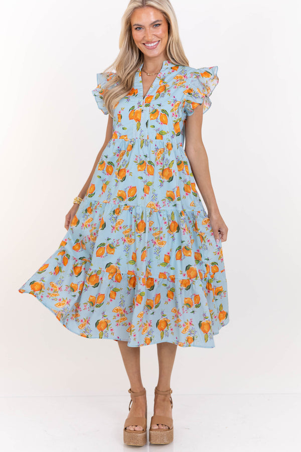 Bright Days Ahead Blue Oranges Print Midi Dress