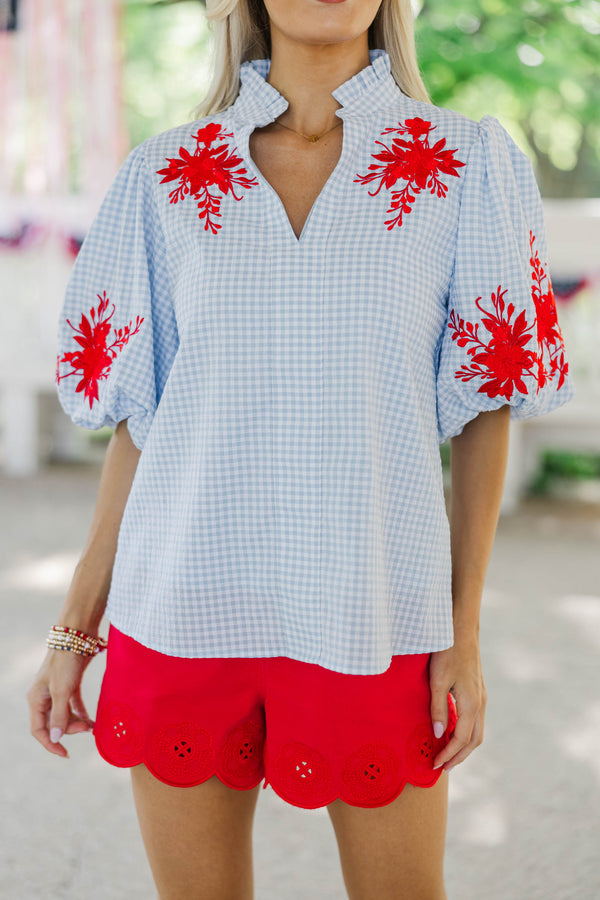 Love Grows Here Blue Embroidered Blouse