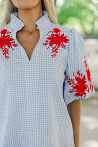 Love Grows Here Blue Embroidered Blouse