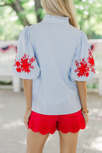 Love Grows Here Blue Embroidered Blouse