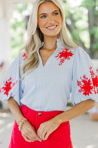 Love Grows Here Blue Embroidered Blouse