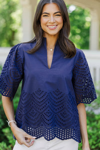 What It Takes Navy Eyelet Blouse