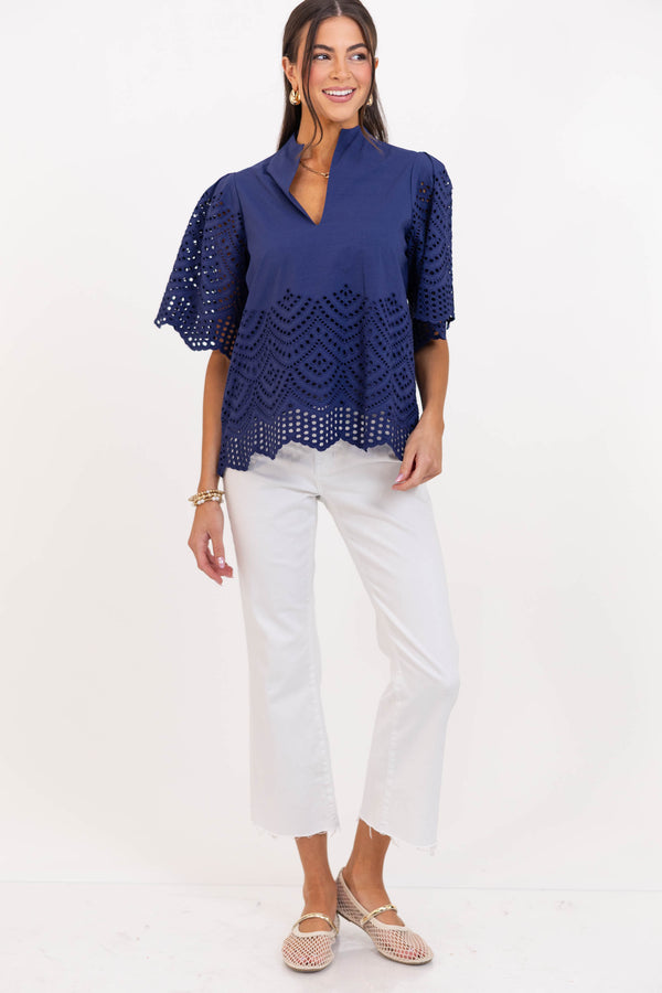 What It Takes Navy Eyelet Blouse