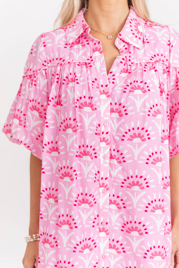 Better Than You Know Pink Medallion Puff Sleeve Dress