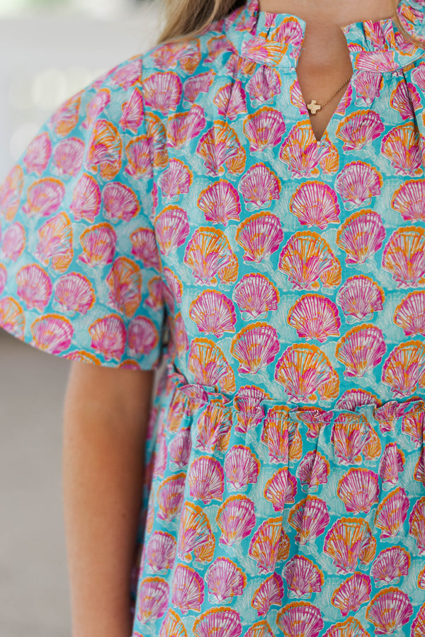 Girls: The Stephanie Blue Seashells Babydoll Dress