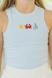 Girls: Here, There & Everywhere Light Blue Ribbed Embroidered Tank