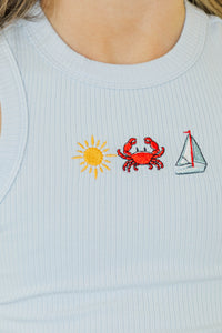 Girls: Here, There & Everywhere Light Blue Ribbed Embroidered Tank
