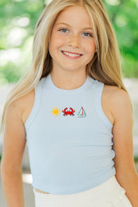 Girls: Here, There & Everywhere Light Blue Ribbed Embroidered Tank