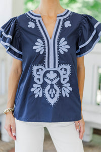 By Chance Navy Medallion Blouse