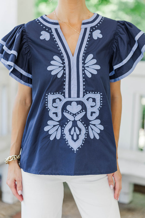 By Chance Navy Medallion Blouse