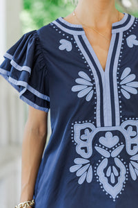By Chance Navy Medallion Blouse