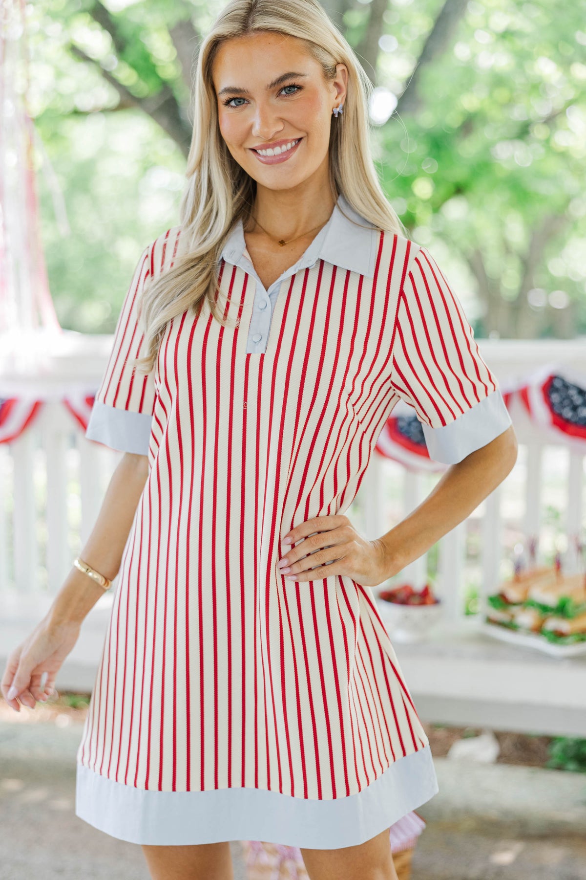 strapless open back dress Preppy Gameday Back Stripe Dress Red main image 0