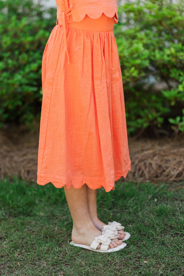 Girls: For The Day Ahead Orange Scalloped Midi Skirt