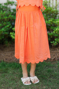 Girls: For The Day Ahead Orange Scalloped Midi Skirt