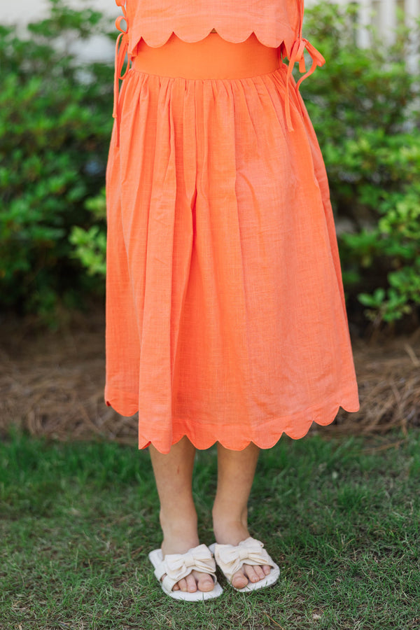 Girls: For The Day Ahead Orange Scalloped Midi Skirt