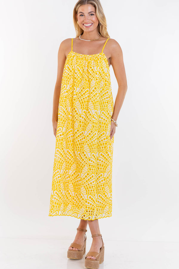 For The Long Run Yellow Eyelet Midi Dress