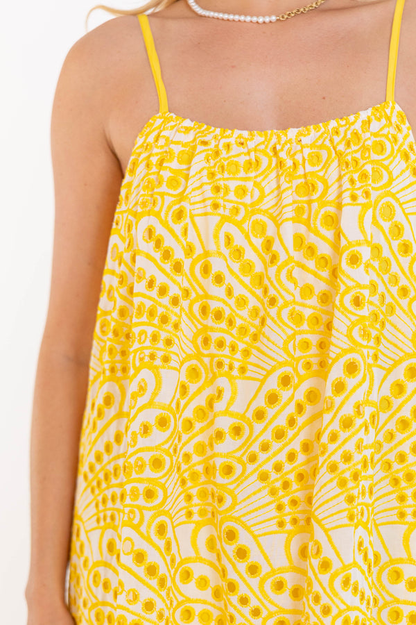 For The Long Run Yellow Eyelet Midi Dress