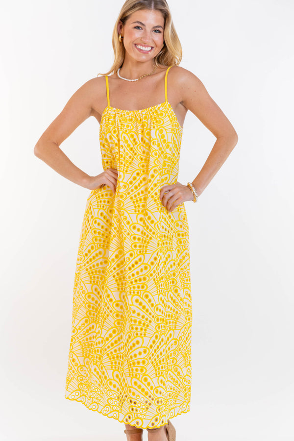 For The Long Run Yellow Eyelet Midi Dress