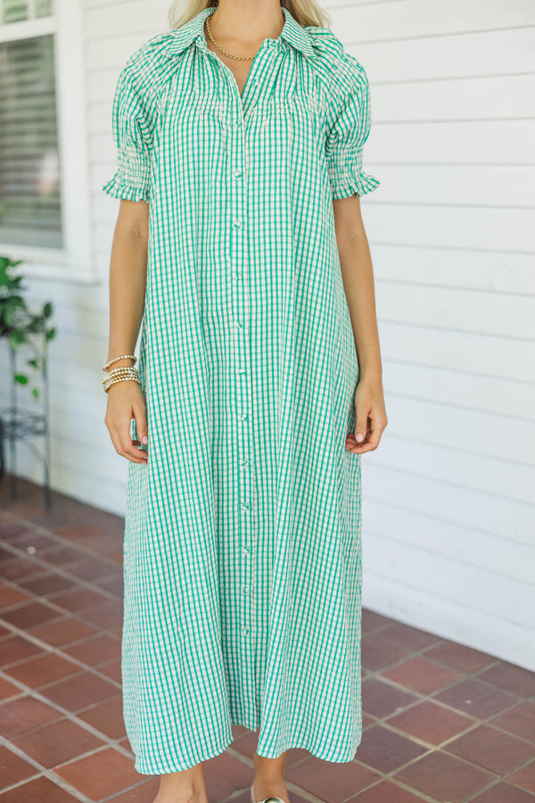 At The Moment Teal Gingham Smocked Dress