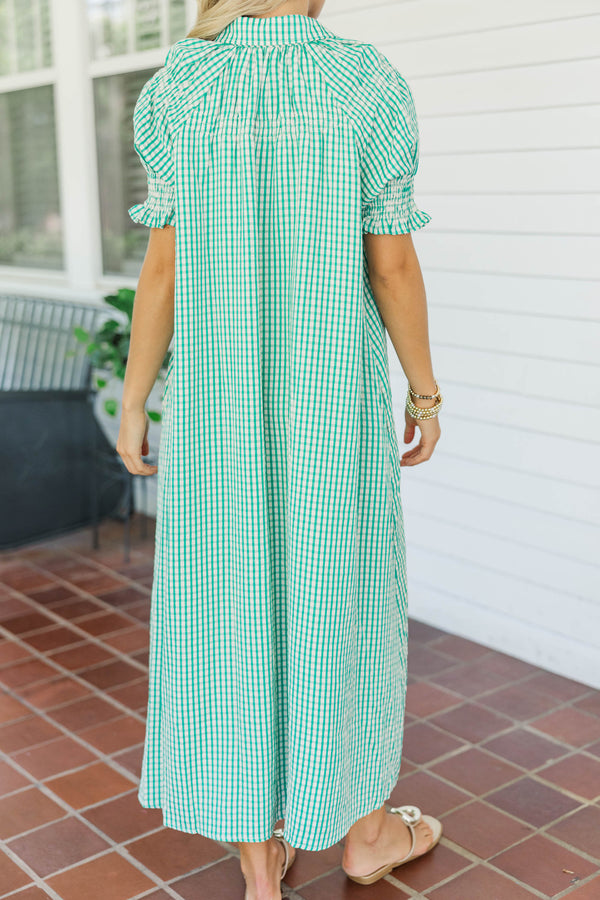 At The Moment Teal Gingham Smocked Dress