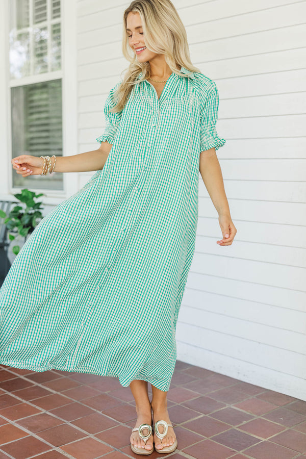 At The Moment Teal Gingham Smocked Dress