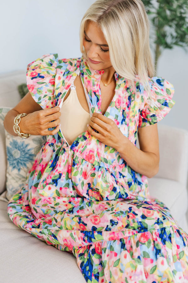 NURSING COLLECTION: Real Love Blue Watercolor Floral Midi Dress