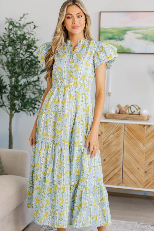 NURSING COLLECTION: Coming Back For You Light Blue Butterfly Tiered Midi Dress