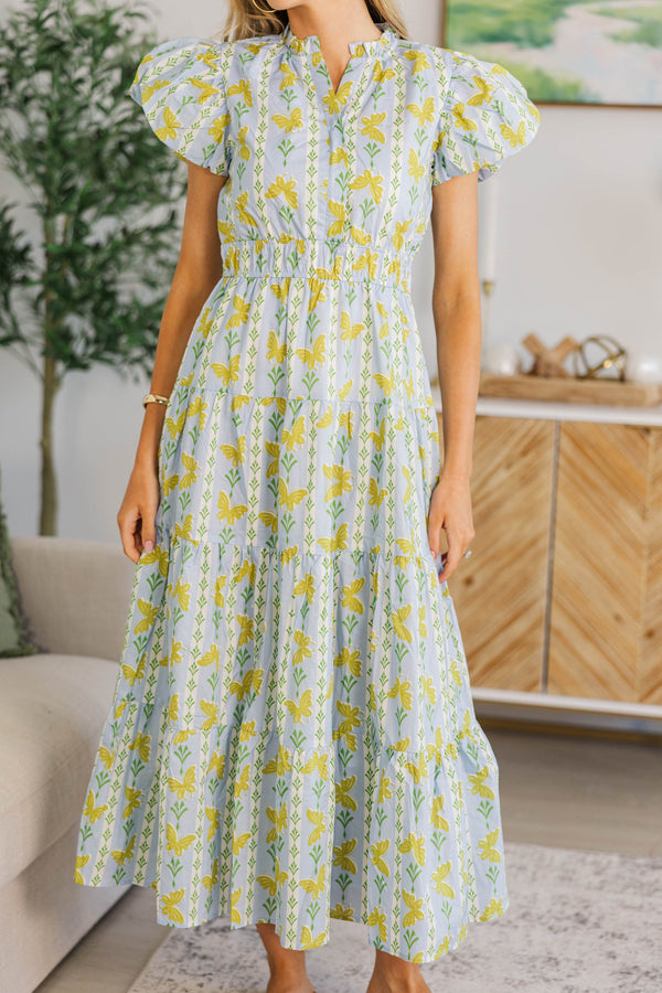 NURSING COLLECTION: Coming Back For You Light Blue Butterfly Tiered Midi Dress