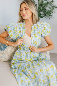 NURSING COLLECTION: Coming Back For You Light Blue Butterfly Tiered Midi Dress