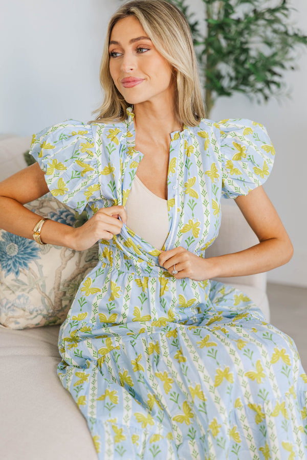 NURSING COLLECTION: Coming Back For You Light Blue Butterfly Tiered Midi Dress