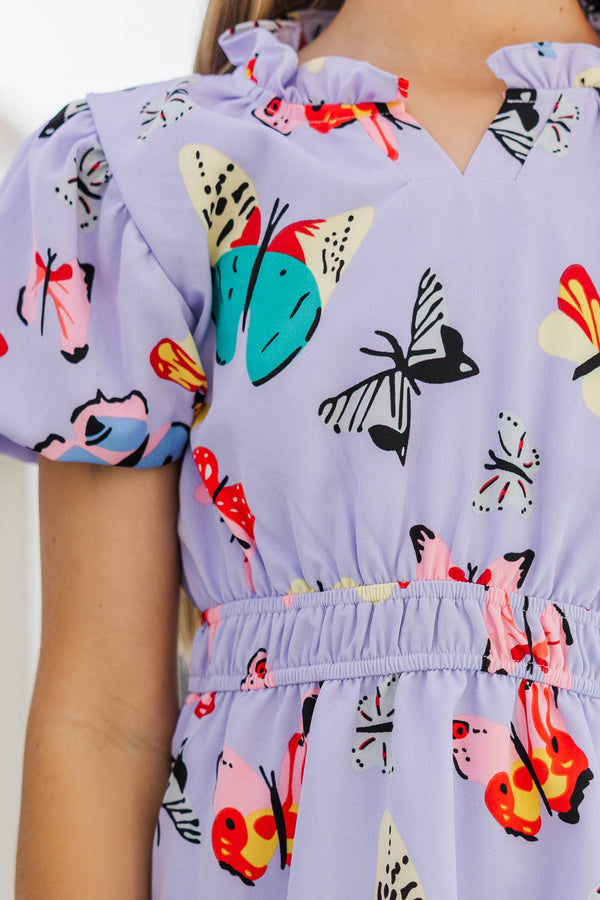 Girls: Let's Get Going Lavender Butterfly Print Dress