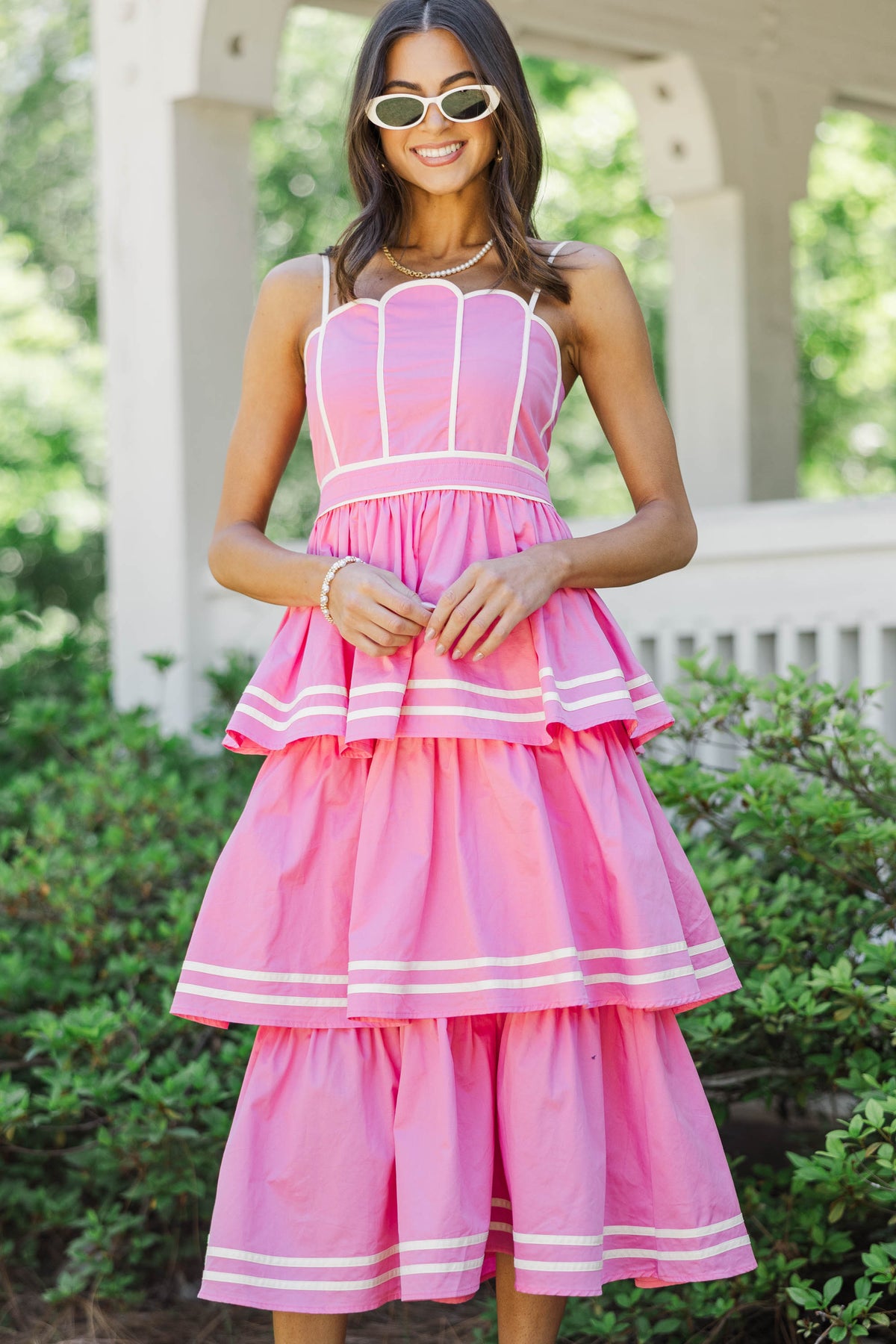 The Cool Factor Pink Scalloped Tiered Midi Dress – Shop the Mint