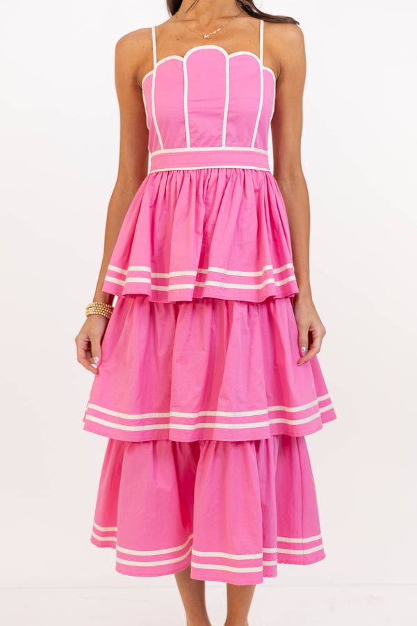 The Cool Factor Pink Scalloped Tiered Midi Dress