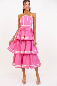 The Cool Factor Pink Scalloped Tiered Midi Dress