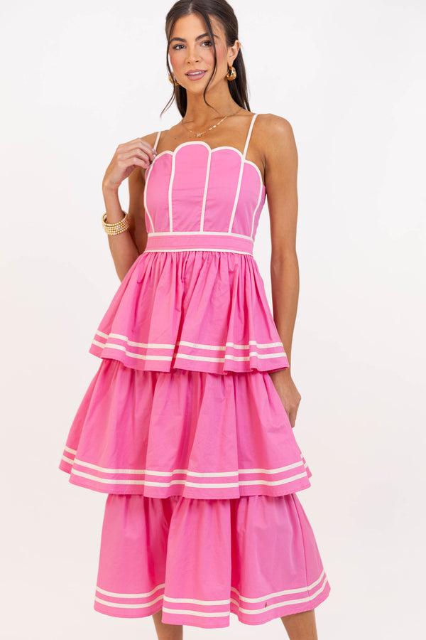 The Cool Factor Pink Scalloped Tiered Midi Dress