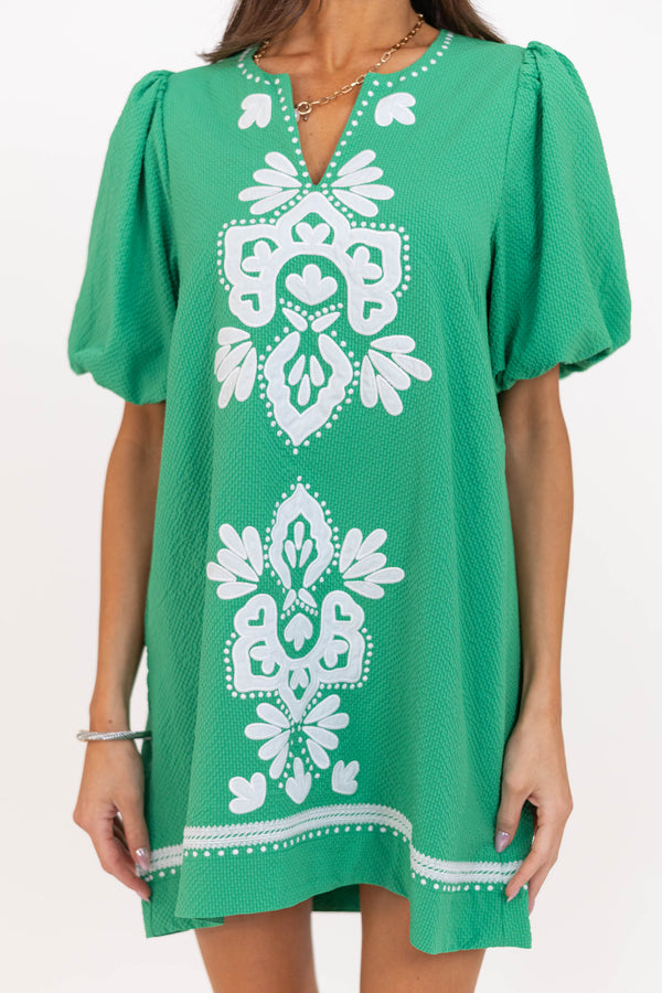 As Time Flies Green Embroidered Shift Dress