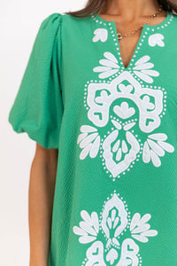 As Time Flies Green Embroidered Shift Dress