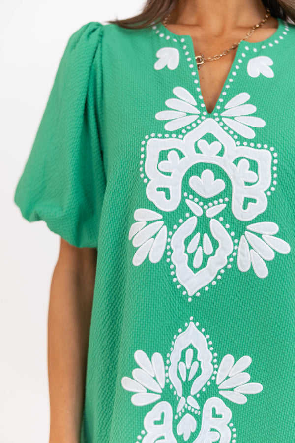 As Time Flies Green Embroidered Shift Dress