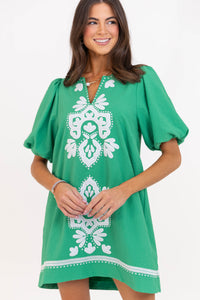As Time Flies Green Embroidered Shift Dress