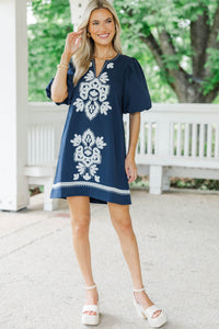 As Time Flies Navy Embroidered Shift Dress