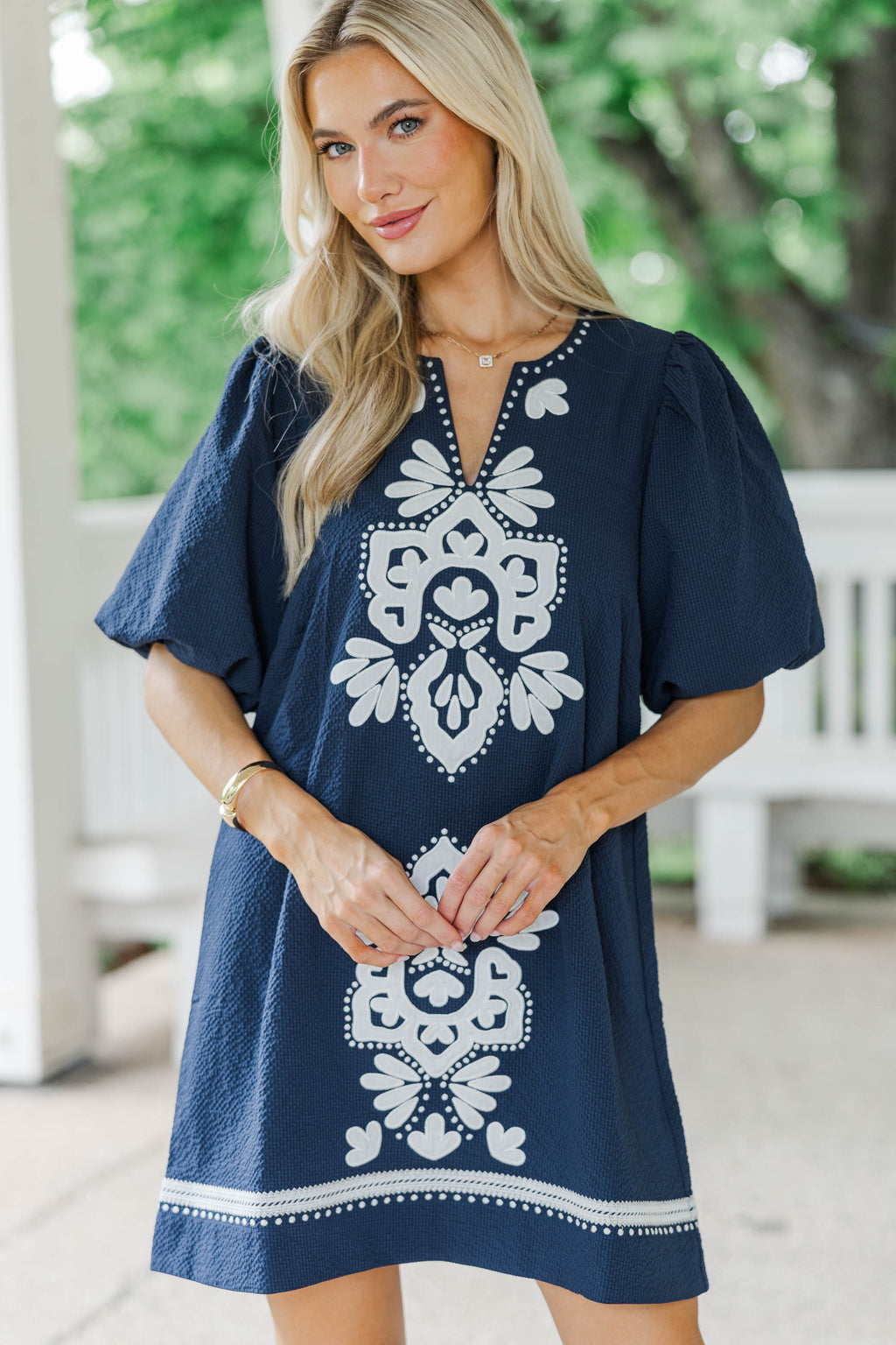 As Time Flies Navy Embroidered Shift Dress – Shop the Mint